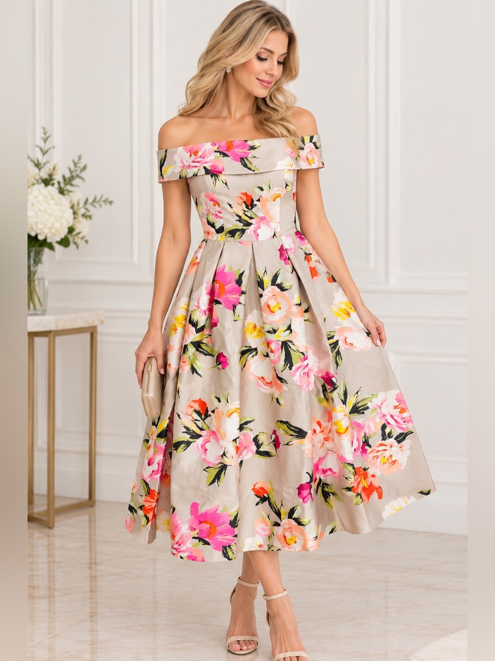 Eliza J One-Shoulder Floral Midi Dress in Beige, Pink and Yellow